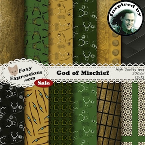 ロキにインスピレーションを得た God of Mischief デジタル ペーパー パック。デザインには、ヘルメット、杖、シンボル、パターン、スカーフ、その他の衣服デザインが含まれます。