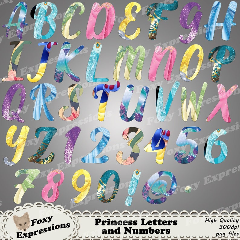 Princess Letters & Numbers clipart pack comes with 39 pieces. Includes Ariel, Belle, Tiana, Aurora, Mulan, Jasmine, Repunzel, Merida, etc. image 1