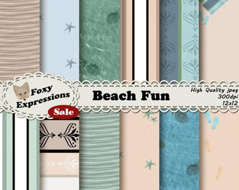 Beach Fun digital scrapbooking paper comes with beach towel, waves, shells, starfish, water, footprints and sand all in blue, green & cream