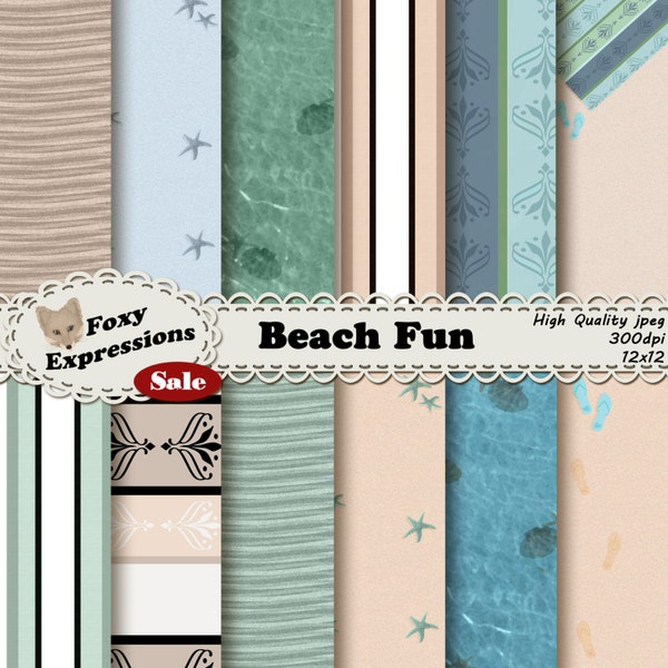 Digitaal Beach Fun scrapbookingpapier wordt geleverd met strandlaken, golven, schelpen, zeesterren, water, voetafdrukken en zand, allemaal in blauw, groen en crème