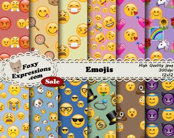 May include: A collection of emoji-themed digital papers. The papers feature various emoji designs, including smiling faces, crying faces, and money bags. The image also includes the text "Emojis", "High Quality jpeg", and "Sale".