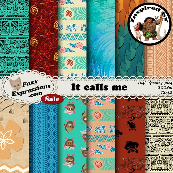 It Calls Me digital paper inspired by Moana comes with tapa cloth designs, heihei, ocean, your welcome maui, kakamora coconuts & Te Kā lava