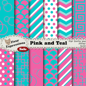 Pink and Teal comes together beautifully in stripes, chevrons, polka dots, damasks, scales, and bubbles for personal or commercial use.