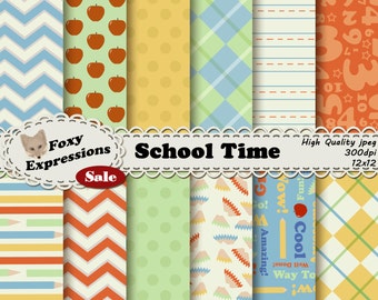 School Time Digital Paper comes in fun pencil shaving polka dots, colored pencil stripes, teacher apples, numbers, upbeat phrases and more.