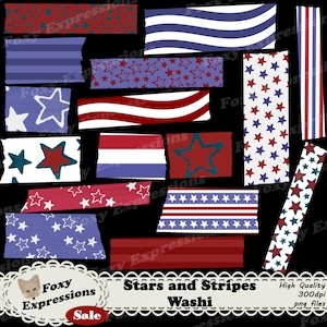 Stars and Stripes Digital Washi Tape pack comes in shades of red, white and blue with fun stars designs, waves, & stripes. Instant Download