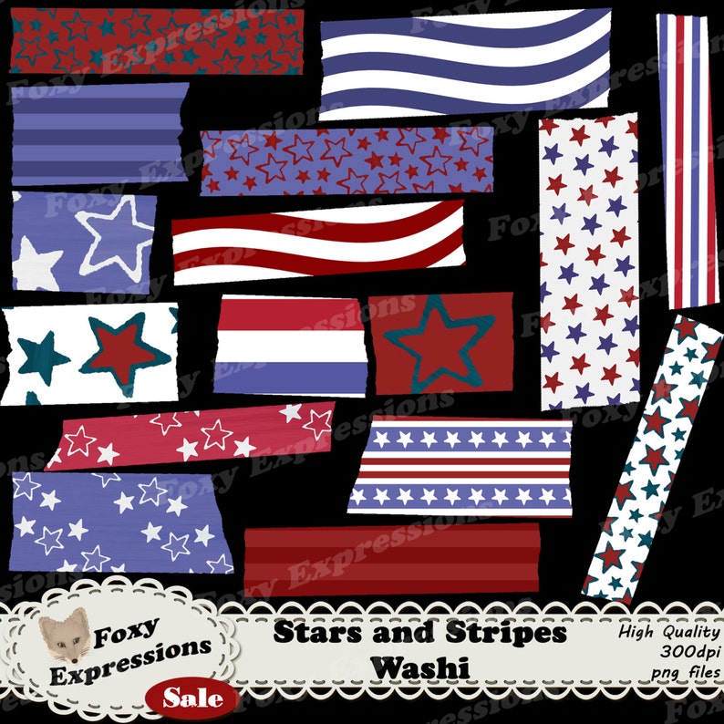 Stars and Stripes Digital Washi Tape pack comes in shades of red, white and blue with fun stars designs, waves, & stripes. Instant Download image 1