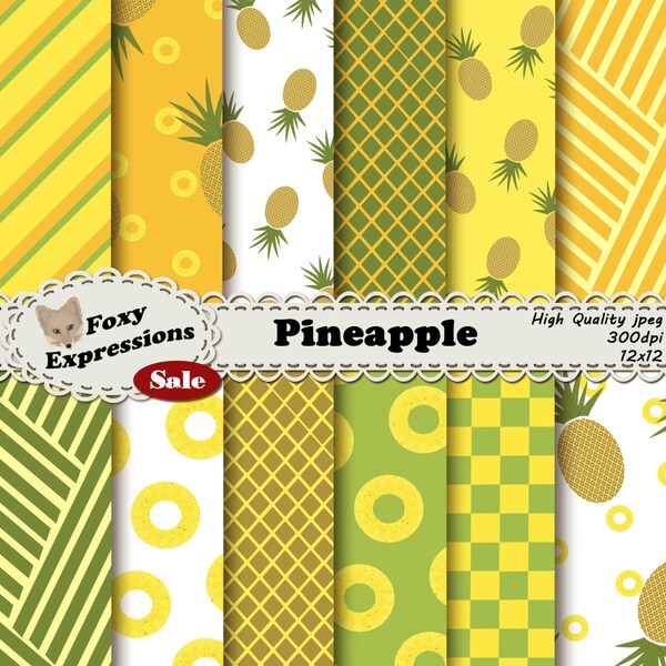 Pineapple Delight digitaal papier wordt geleverd met ananas, plakjes, schijven en strepen, allemaal in deze vrucht natuurlijke tinten oranje, groen en bruin