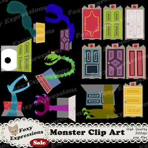Monsters Clip Art está inspirado en Monsters Inc. El paquete incluye 14 piezas. 7 puertas de armario para niños, incluidos Boos 7 puertas de armario para niños con monstruos