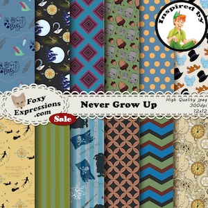 Never Grow Up inspiriert von Peter Pan. Designs umfassen Lost Boy, Peter, Wendy, Michael, John, Tinker Bell, Hook, Smee, Krokodil, Uhr & mehr
