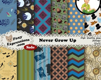 Never Grow Up inspired by Peter Pan. Designs include Lost Boy, Peter, Wendy, Michael, John, Tinker Bell, Hook, Smee, Crocodile, Clock & more