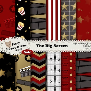 Het digitale Big Screen-papier is verkrijgbaar in de kleuren rood, goud en zwart. Ontwerpen omvatten sterren, toegangskaarten, film, walk of fame, popcorn, lichten, enz.