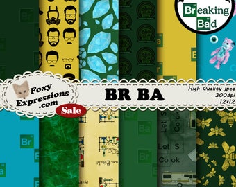 BR BA digital paper inspired by Breaking Bad. Designs include Walter White, Crystal, Bear missing eye, Smoke, Undies, Science, Camper & more