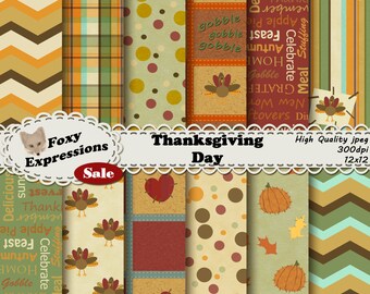 Thanksgiving Day digital paper pack comes in fall colors. Designs include pumpkins, turkeys, leaves, stitches, hearts, descriptive words etc