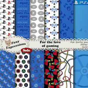 Für die Liebe zum Spielen gibt es digitales Papier in PS4-Designs, einschließlich Controllern, Spielehülle, Kabelsalat, Kopfhörer, Controller-Buttons, etc