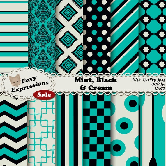 Mint, Black and Cream Digital Paper pack comes in modern and vintage designs, including damask, chevron, spoons, polka dots, stripes, & more