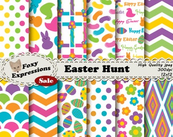 May include: A set of 12 digital papers featuring various Easter-themed patterns, including polka dots, jelly beans, crosses, eggs, flowers, and chevron stripes. The papers are in bright colors like pink, yellow, green, blue, and purple. The text "Easter Hunt" is displayed on a banner.