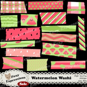 Digitale washitape watermeloen in de kleuren groen en roze met strepen, stippen, plaid, chevron, stippen met zaadjes, watermeloengroene golven