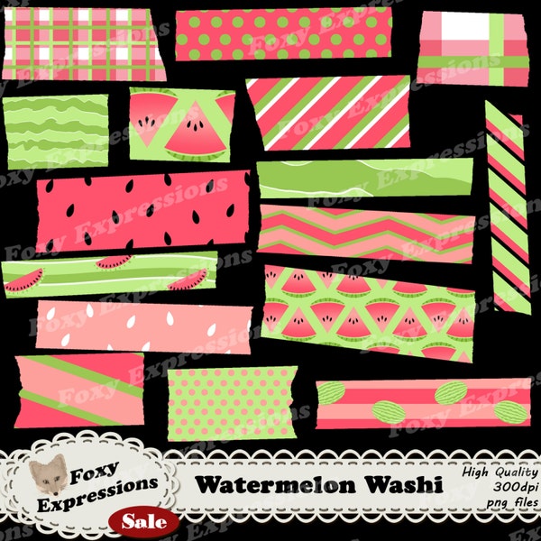 Digitale washitape watermeloen in de kleuren groen en roze met strepen, stippen, plaid, chevron, stippen met zaadjes, watermeloengroene golven