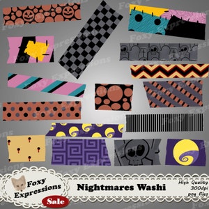 Nightmare Digital Washi tape paper comes in haunting designs; tombstones, pumpkins, stitched rag dolls, moons, snakes, vampire bites & more