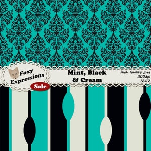 May include: A digital paper pack with a mint green, black, and cream color scheme. The design features a damask pattern and stripes. The text "Mint, Black & Cream" is displayed on the image.