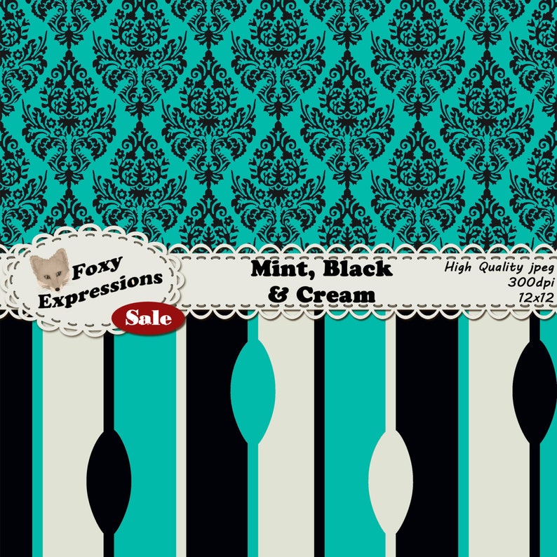 May include: A digital paper pack with a mint green, black, and cream color scheme. The design features a damask pattern and stripes. The text "Mint, Black & Cream" is displayed on the image.