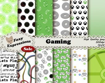 Gaming digital paper comes in xbox designs including controllers, cd, game case, tangled wires, headset, controller buttons, power sign, etc