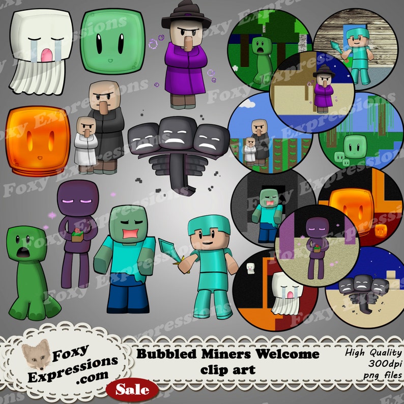 May include: A set of 16 digital clip art images featuring characters from the popular video game Minecraft. The characters are depicted in various poses and expressions, including a crying ghost, a creeper, a zombie, and a Steve holding a sword. The images are in a cartoon style and are perfect for use in digital projects.