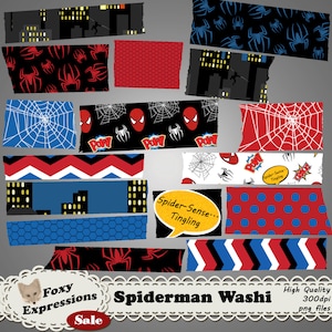 Web Slinger digitales Washi inspiriert von den Spiderman Comics von Stan Lee. Das Paket enthält Spinnen, Netze, Spiderman-Gebäude, Comic-Tags