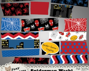 May include: A set of digital papers featuring a Spiderman theme. The papers include a variety of patterns, including red and blue polka dots, red and blue chevron stripes, a red and black honeycomb pattern, a black and white spiderweb pattern, and a black and red pattern with Spiderman's face and the word "Pow!" repeated. The papers are designed to be used for scrapbooking, card making, and other craft projects. The text "Spiderman Washi" is included in the image.