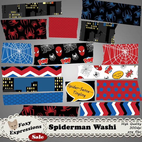 Web Slinger digital washi inspired by Spiderman Comics by Stan Lee. Pack includes spiders, webs, spiderman swinging off building, comic tags