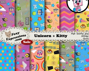 Unicorn plus Kitty is inspired by Unikitty. Designs include Unikitty, Puppycorn, Rick, Dr Fox, Master Frown, rainbows, stars, clouds, & more