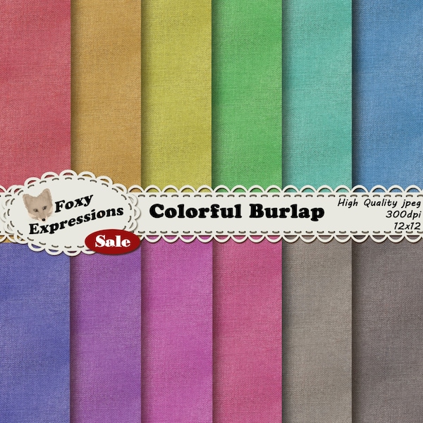 Colorful Burlap Digital Paper Pack comes seamless in beautiful shades of red, orange, yellow, green, blue, purple, pink, brown, and gray