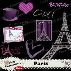 Paris clipart digital est livré avec une tour effel très détaillé, timbre de paris, français mots, tasse de thé, coeurs et carte postale en gris et violet
