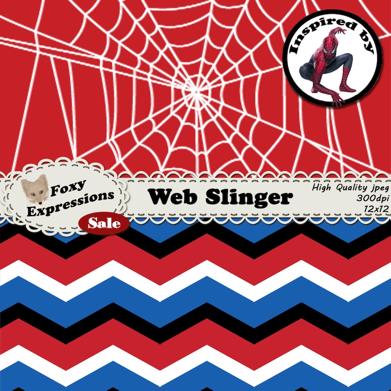 May include: Red and white spiderweb pattern digital paper with a black and white chevron pattern at the bottom. The text "Web Slinger" is in a white banner with a decorative border. A red and blue superhero is in a circle with the text "Inspired by" above it. The text "Foxy Expressions" is in a white banner with a decorative border and the word "Sale" below it. The text "High Quality jpeg 300dpi 12x12" is in the top right corner.