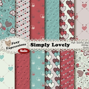 El paquete de papel digital Simply Lovely viene con garabatos dibujados a mano como notas de amor joven, que incluyen corazones, flechas, amor, xoxo, arco y flecha de Cupido.