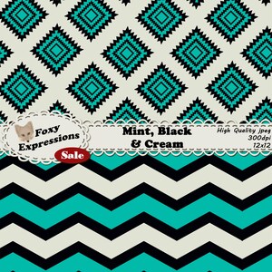 May include: Digital paper with a repeating pattern of mint green, black, and cream diamond shapes. The bottom half of the paper features a chevron pattern in the same colors. The text "Mint, Black & Cream" is displayed in a white banner with a lace border.
