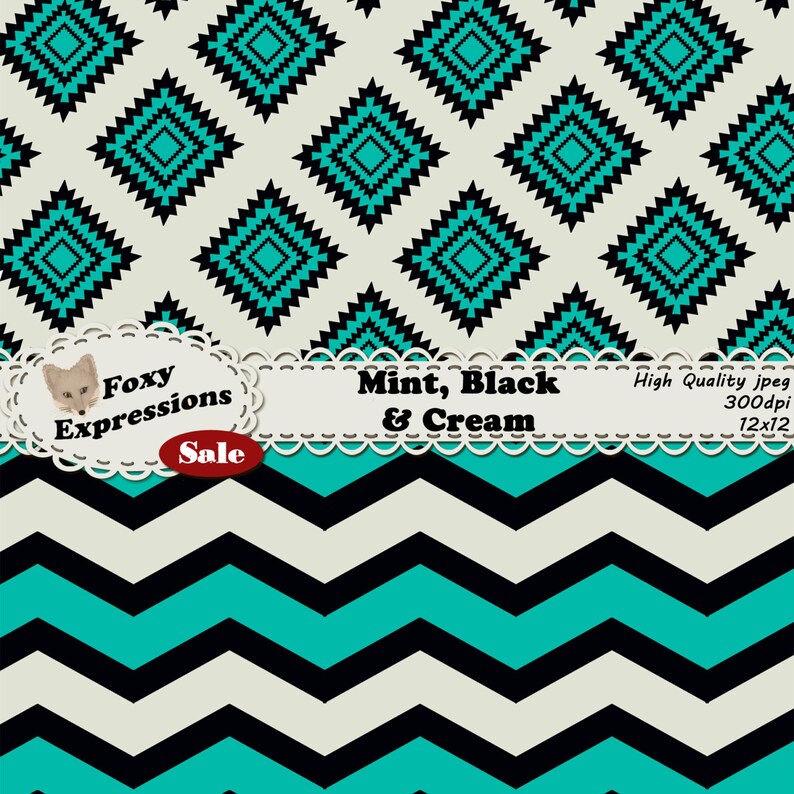 May include: Digital paper with a repeating pattern of mint green, black, and cream diamond shapes. The bottom half of the paper features a chevron pattern in the same colors. The text "Mint, Black & Cream" is displayed in a white banner with a lace border.