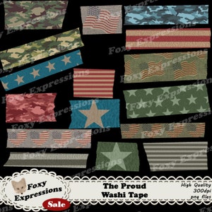 The Proud Washi Tape pack comes in shades of red, white, blue and green. Patterns include stars, stripes, flags, hearts, & camo on burlap