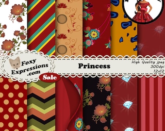 Princess digital paper pack inspired by Princess Elena of Avalor. Designs include dress pattern, guitar, flowers, Jaquin pattern, & more