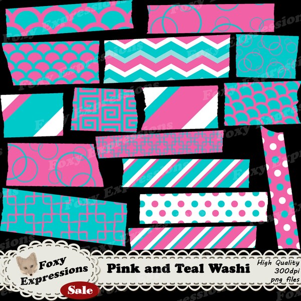 Roze en Teal Digital Washi Tape komt in chevron, strepen, polka dots, Griekse wervelingen, kettingen, schalen & bubbels. Persoonlijk of commercieel gebruik.