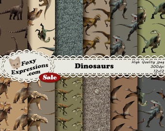 May include: A set of 12 digital papers featuring various dinosaur illustrations. The papers are in a variety of colors, including brown, green, gray, and beige. The papers are perfect for scrapbooking, card making, and other craft projects.  Dinosaurs, High Quality jpeg, 300dpi, 12x12.