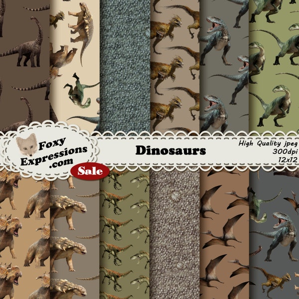 Dinosaur digital paper comes with eight different dinosaurs in greens, browns, and creams. Designs also includes dinosaur skin and scales.