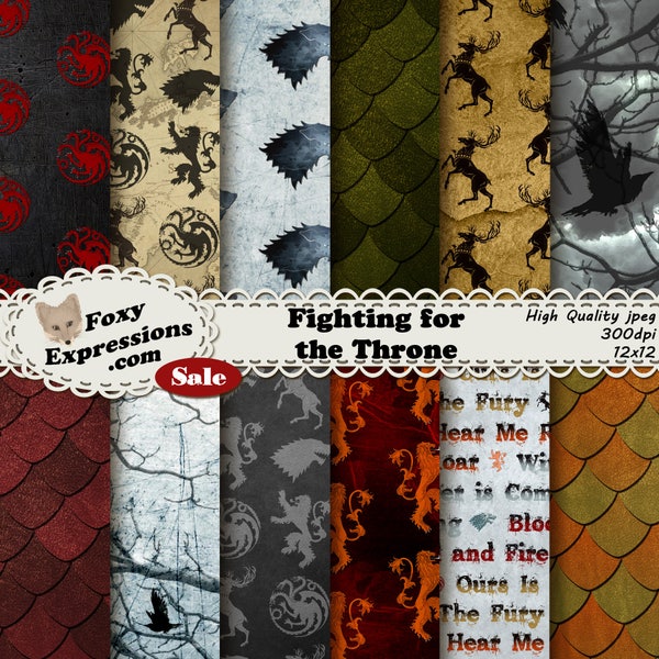 Fighting for the Throne digital paper inspired by Game of Thrones. Designs include Lannister, Stark, Taragaryen, Baratheon, dragons & more