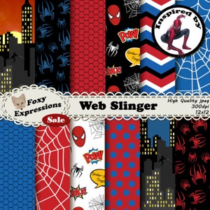 Carta digitale Web Slinger ispirata a Spiderman Comics di Stan Lee. Il pacchetto include ragni, ragnatele, Spiderman che si dondola da un edificio, tag di fumetti