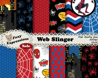 Web Slinger digital paper inspired by Spiderman Comics by Stan Lee. Pack includes spiders, webs, spiderman swinging off building, comic tags