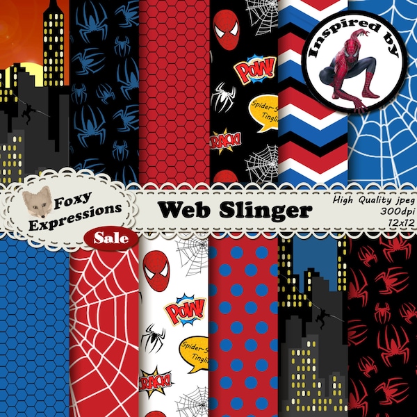 Web Slinger digital paper inspired by Spiderman Comics by Stan Lee. Pack includes spiders, webs, spiderman swinging off building, comic tags