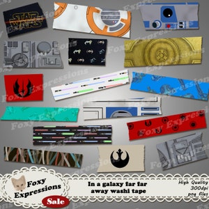 In een melkwegstelsel ver hier vandaan bevat het washi-tapepakket r2d2, c3po, bb8, death star, lichtzwaarden, tiefighters, x wings, rebellenalliantie, enz.