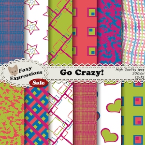 May include: A set of 12 digital papers with geometric patterns in green, pink, blue, and white. The papers feature squares, stars, hearts, and stripes. The text "Go Crazy!" is included in the image.