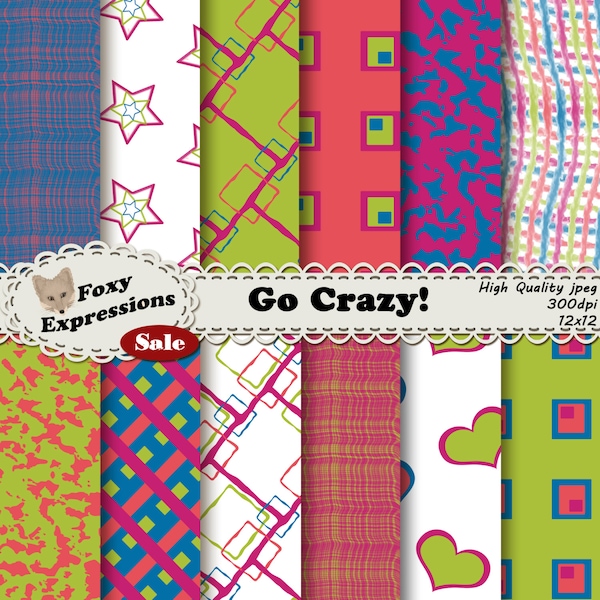 Ga gek Scrapbooking papier! Dit pack bevat funky pleinen, doodles, sterren, harten en inkt vlekken in helder groen, roze, blauw en paars