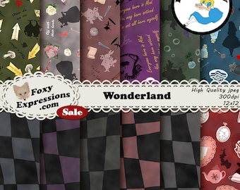 Wonderland Digital Paper Pack comes with Tweedle Dee & Dum, Queen of Hearts, White Rabbit, Cheshire Cat, Caterpillar, Alice and Mad Hatter